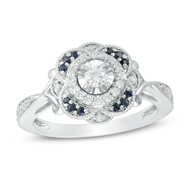 Main Image 1 of Previously Owned - 1/3 CT. T.W. Diamond and Blue Sapphire Flower Frame Vintage-Style Engagement Ring in 10K White Gold