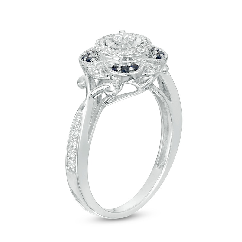 Main Image 2 of Previously Owned - 1/3 CT. T.W. Diamond and Blue Sapphire Flower Frame Vintage-Style Engagement Ring in 10K White Gold