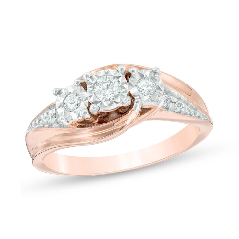 Previously Owned - 1/4 CT. T.W. Diamond Past Present Future® Twist Bypass Engagement Ring in 10K Rose Gold