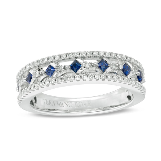 Previously Owned - Vera Wang Love Collection Princess-Cut Blue Sapphire and 1/5 CT. T.w. Diamond Band in 14K White Gold