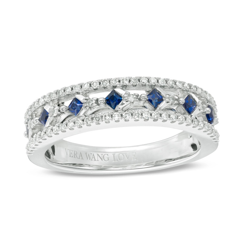 Main Image 1 of Previously Owned - Vera Wang Love Collection Princess-Cut Blue Sapphire and 1/5 CT. T.W. Diamond Band in 14K White Gold