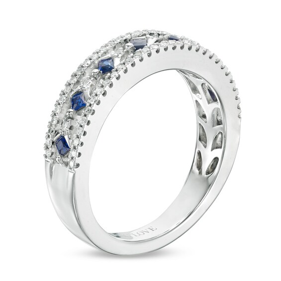 Previously Owned - Vera Wang Love Collection Princess-Cut Blue Sapphire and 1/5 CT. T.w. Diamond Band in 14K White Gold