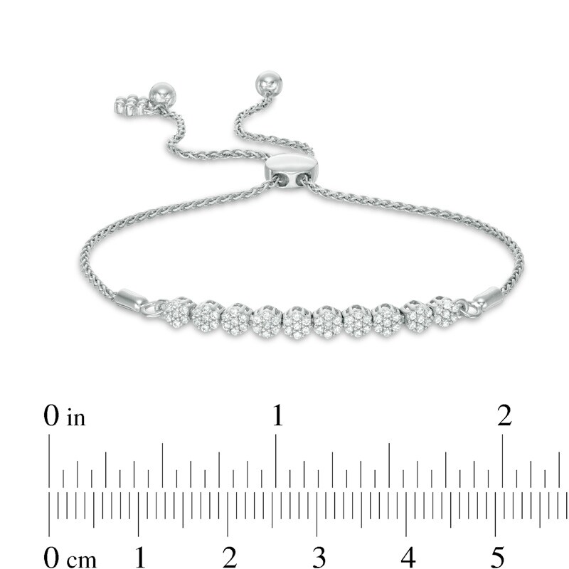 Main Image 2 of Previously Owned - 1/2 CT. T.W. Diamond Flower Cluster Bar Bolo Bracelet in 10K White Gold - 9.0"
