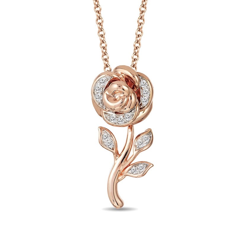 Main Image 1 of Previously Owned - Enchanted Disney Belle 1/10 CT. T.W. Diamond Rose Pendant in 10K Rose Gold - 19"