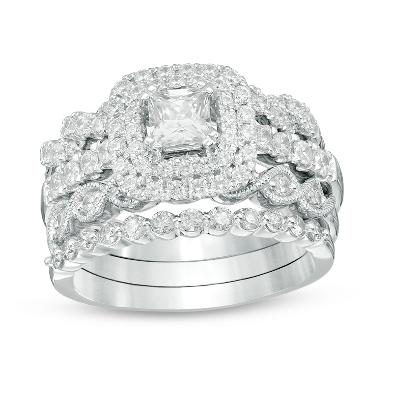 Main Image 1 of Previously Owned - 1-5/8 CT. T.W. Princess-Cut Diamond Double Frame Four Piece Bridal Set in 14K White Gold