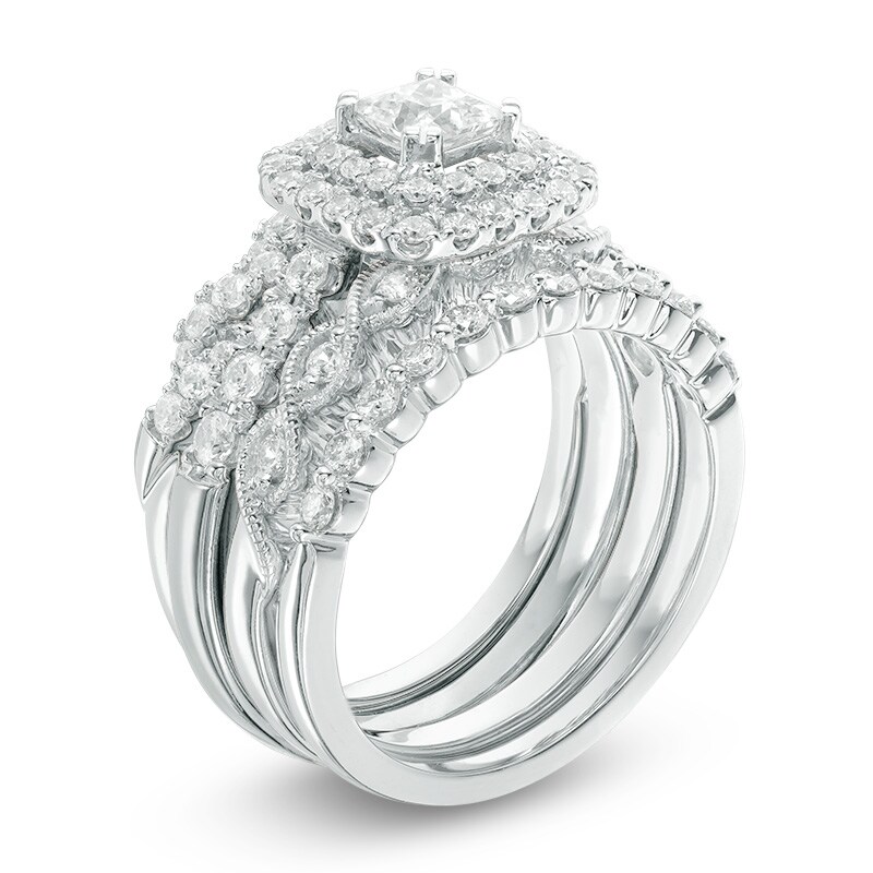 Main Image 2 of Previously Owned - 1-5/8 CT. T.W. Princess-Cut Diamond Double Frame Four Piece Bridal Set in 14K White Gold