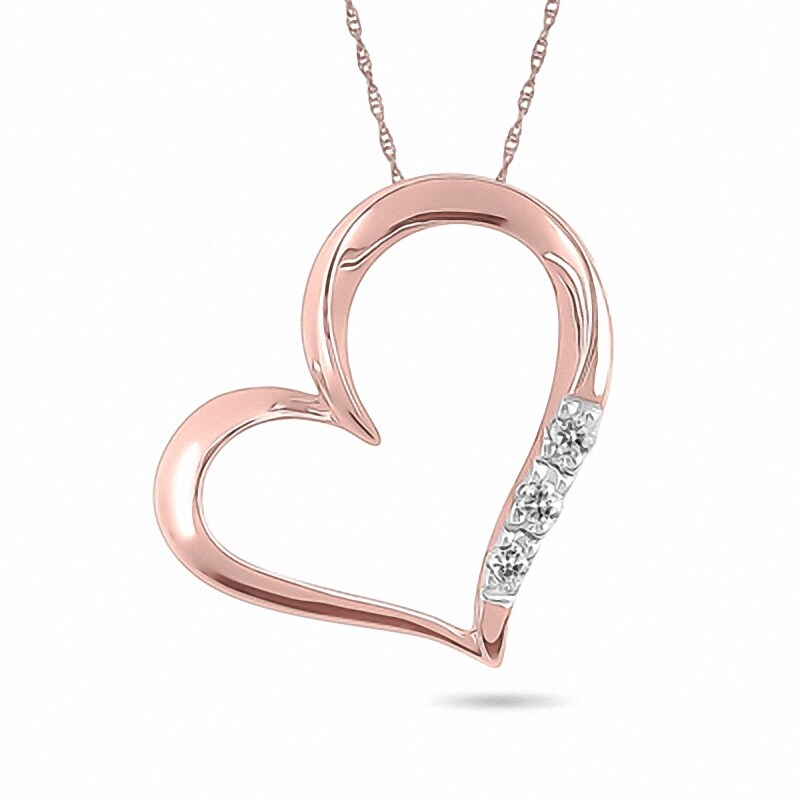 Main Image 1 of Previously Owned - Diamond Accent Three Stone Tilted Heart Pendant in 10K Rose Gold