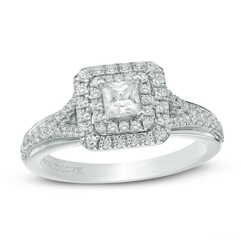 Previously Owned - Vera Wang Love Collection 5/8 CT. T.W. Princess-Cut Diamond Frame Engagement Ring in 14K White Gold