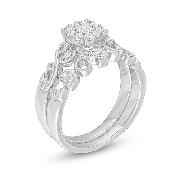 Previously Owned - Perfect Fit 1/3 CT. T.w. Diamond Frame Vine-Shank Interlocking Bridal Set in 10K White Gold