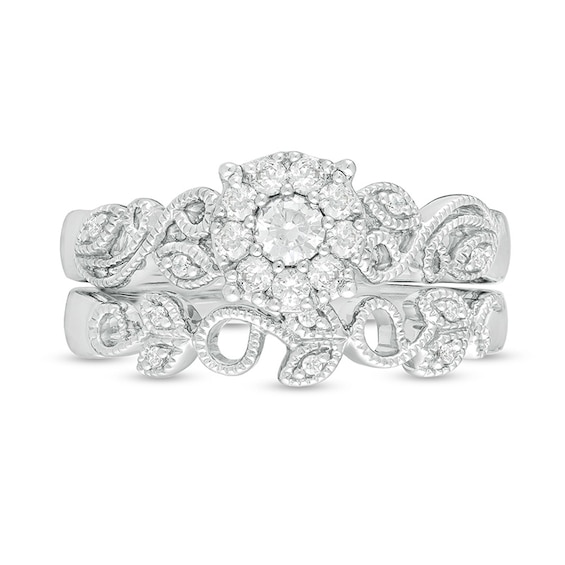 Previously Owned - Perfect Fit 1/3 CT. T.w. Diamond Frame Vine-Shank Interlocking Bridal Set in 10K White Gold