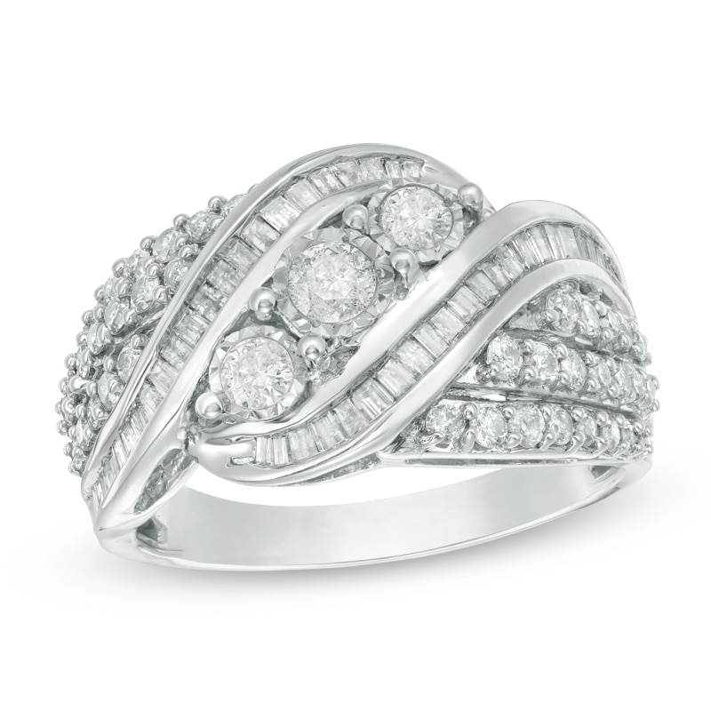 Main Image 1 of Previously Owned - 1 CT. T.W. Baguette and Round Diamond Three Stone Bypass Ring in Sterling Silver