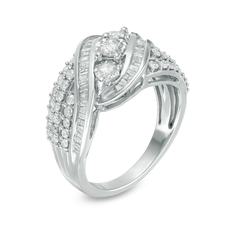 Main Image 2 of Previously Owned - 1 CT. T.W. Baguette and Round Diamond Three Stone Bypass Ring in Sterling Silver
