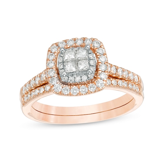 Previously Owned - 5/8 CT. T.w. Quad Princess-Cut Diamond Double Frame Bridal Set in 14K Rose Gold