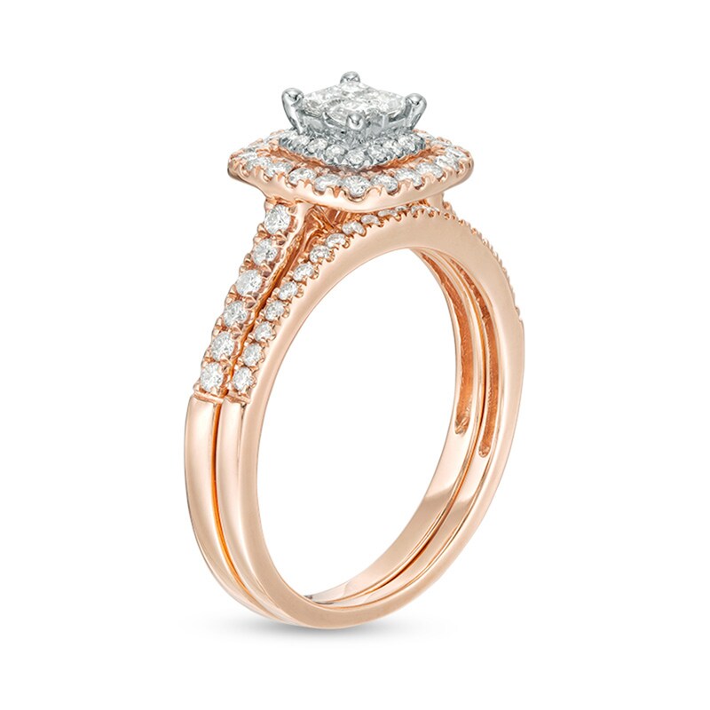 Main Image 2 of Previously Owned - 5/8 CT. T.W. Quad Princess-Cut Diamond Double Frame Bridal Set in 14K Rose Gold