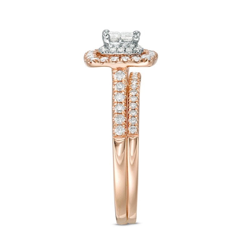 Main Image 3 of Previously Owned - 5/8 CT. T.W. Quad Princess-Cut Diamond Double Frame Bridal Set in 14K Rose Gold