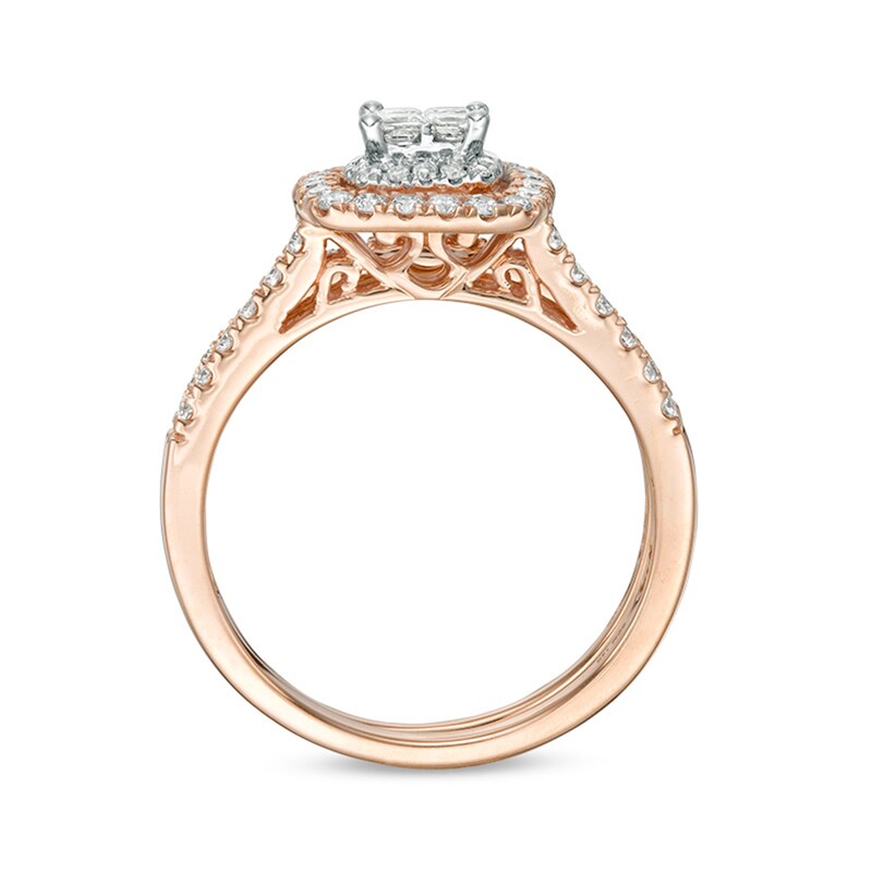 Main Image 4 of Previously Owned - 5/8 CT. T.W. Quad Princess-Cut Diamond Double Frame Bridal Set in 14K Rose Gold