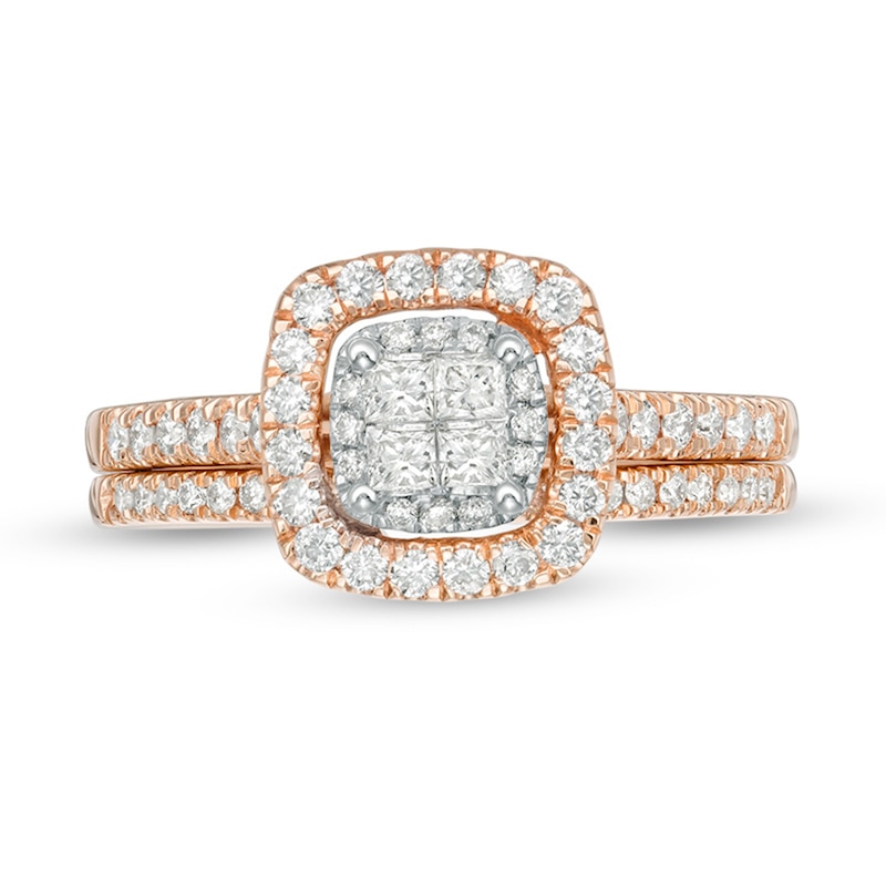Main Image 5 of Previously Owned - 5/8 CT. T.W. Quad Princess-Cut Diamond Double Frame Bridal Set in 14K Rose Gold