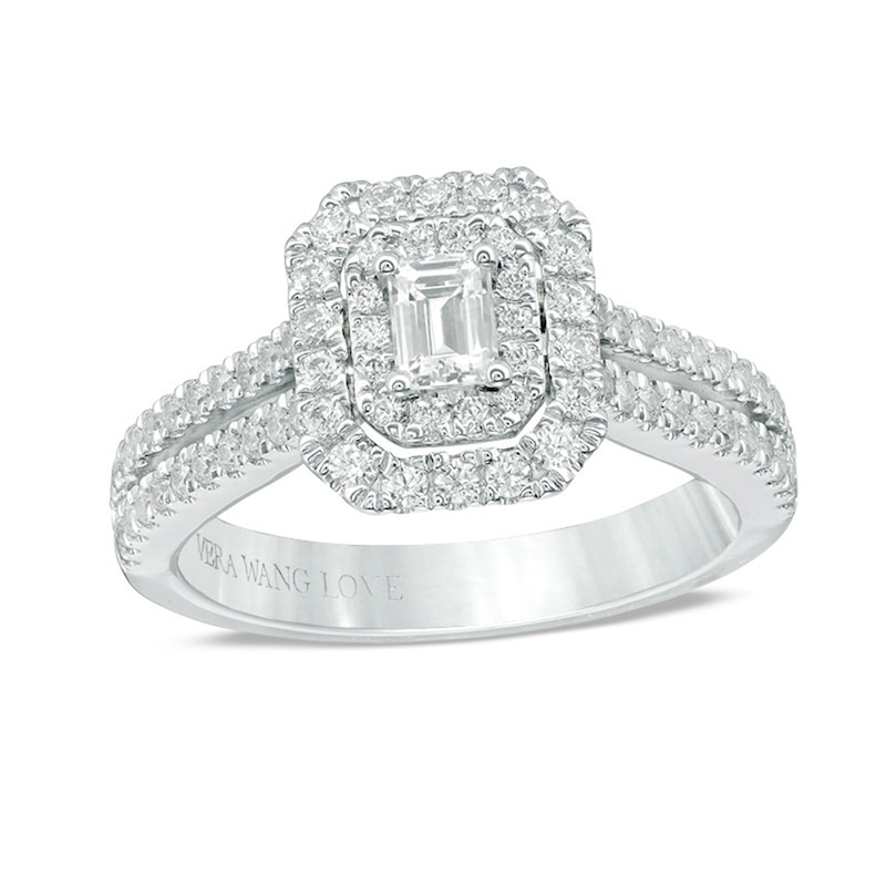 Main Image 1 of Previously Owned - Vera Wang Love Collection 1 CT. T.W. Emerald-Cut Diamond Double Row Engagement Ring in 14K White Gold