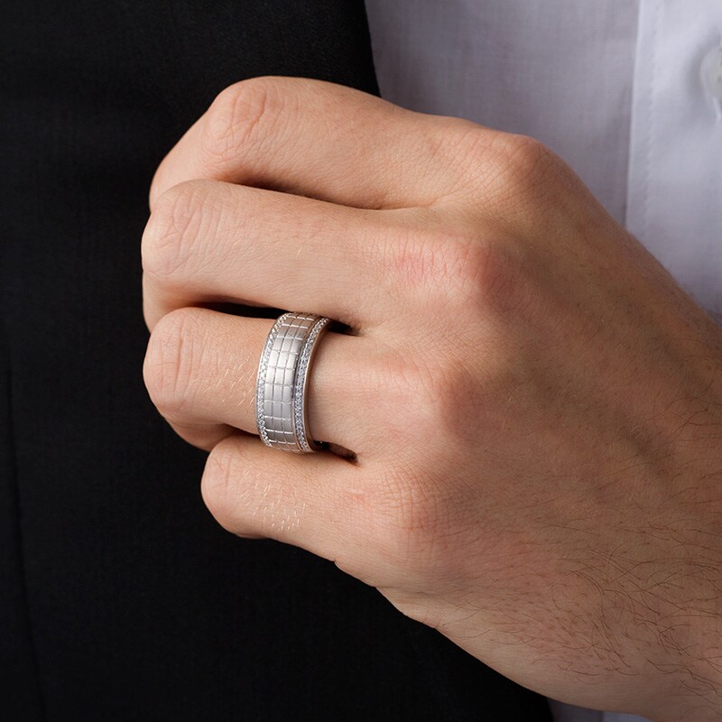 Main Image 2 of Previously Owned - 1/4 CT. T.W. Diamond Grid Pattern Wedding Band in 10K White Gold