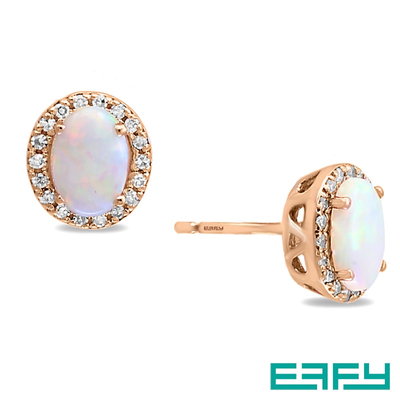 Main Image 1 of Previously Owned - EFFY™ Collection Oval Opal and 1/8 CT. T.W. Diamond Frame Stud Earrings in 14K Rose Gold