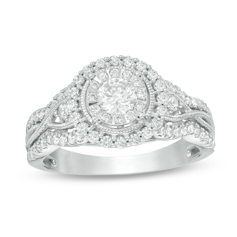 Main Image 1 of Previously Owned - 7/8 CT. T.W. Diamond Frame Vintage-Style Engagement Ring in 14K White Gold
