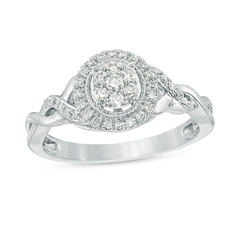 Main Image 1 of Previously Owned - 1/4 CT. T.W. Composite Diamond Frame Twist Vintage-Style Engagement Ring in 10K White Gold
