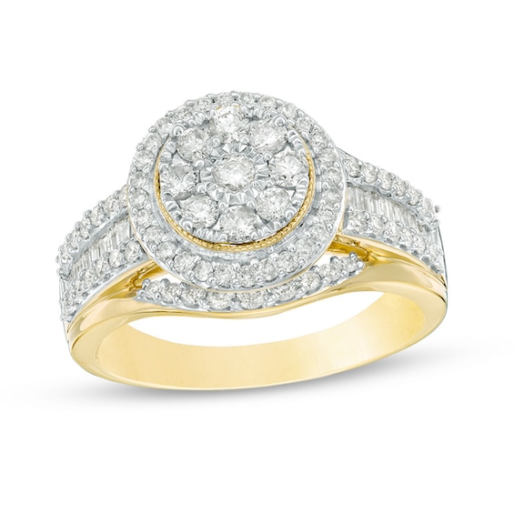 Previously Owned - 1 CT. T.w. Composite Diamond Frame Multi-Row Vintage-Style Engagement Ring in 10K Gold