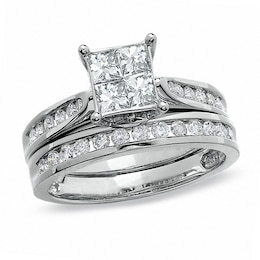 Previously Owned - 1-1/4 CT. T.W. Quad Princess-Cut Diamond Bridal Set in 14K Gold