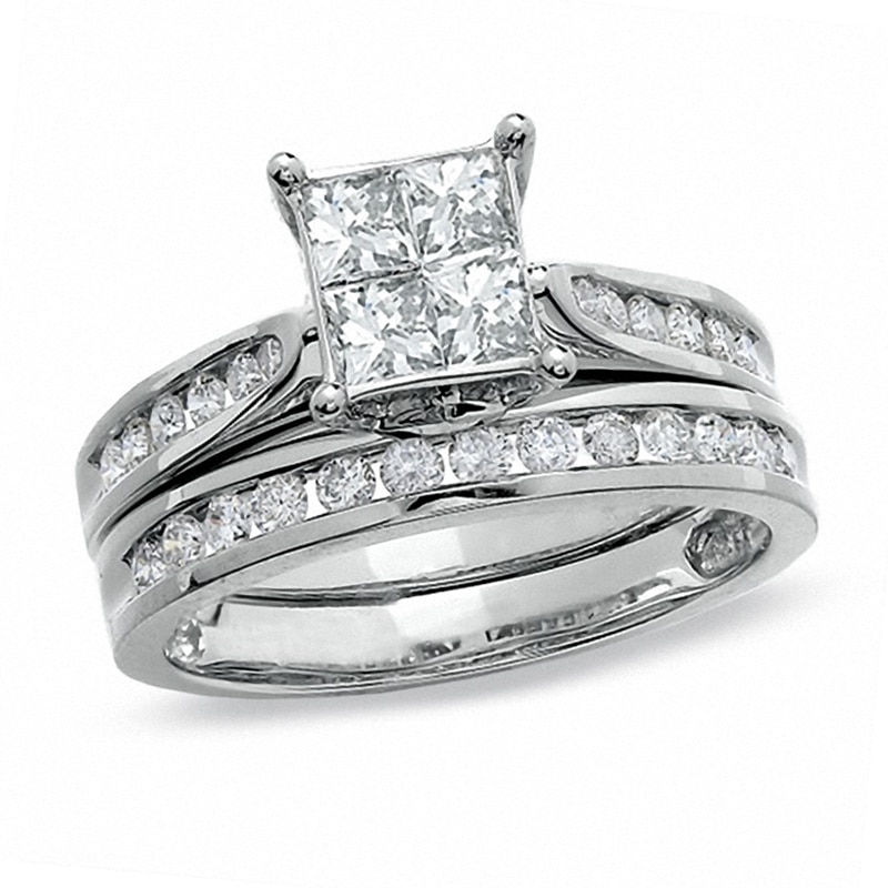 Main Image 1 of Previously Owned - 1-1/4 CT. T.W. Quad Princess-Cut Diamond Bridal Set in 14K Gold