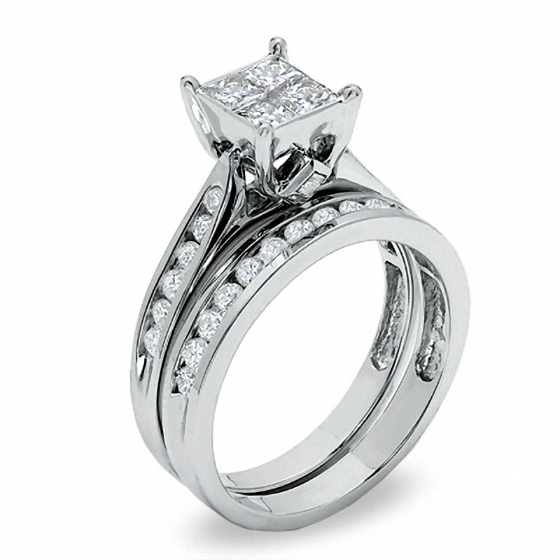 Main Image 2 of Previously Owned - 1-1/4 CT. T.W. Quad Princess-Cut Diamond Bridal Set in 14K Gold