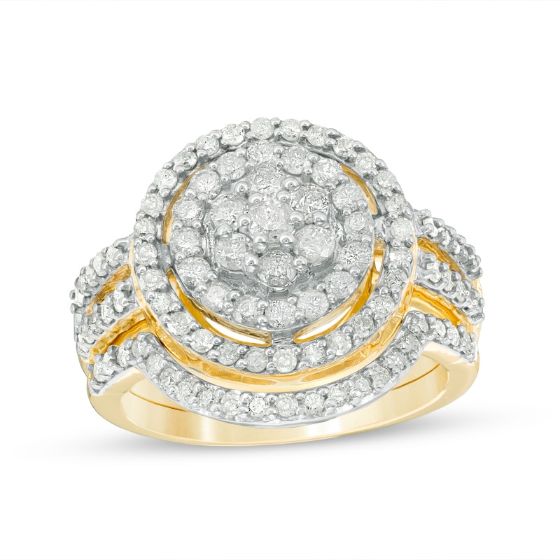 Main Image 1 of Previously Owned - 1-1/8 CT. T.W. Composite Diamond Double Frame Bridal Set in 10K Gold