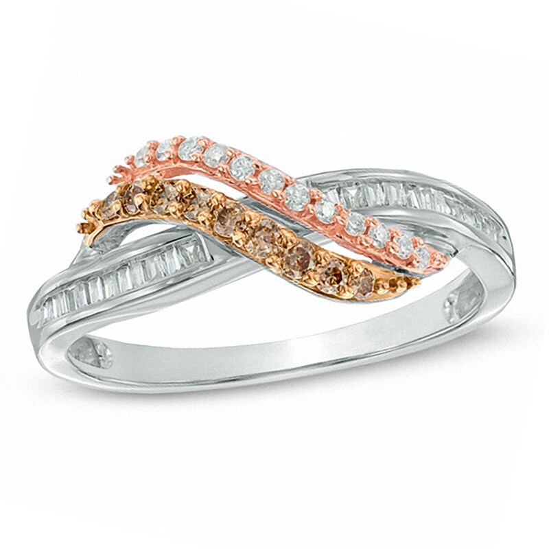 Main Image 1 of Previously Owned - 1/3 CT. T.W. Champagne and White Diamond Bypass Waves Ring in 10K Two-Tone Gold
