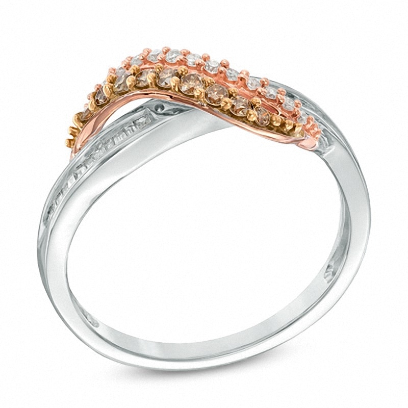 Main Image 2 of Previously Owned - 1/3 CT. T.W. Champagne and White Diamond Bypass Waves Ring in 10K Two-Tone Gold