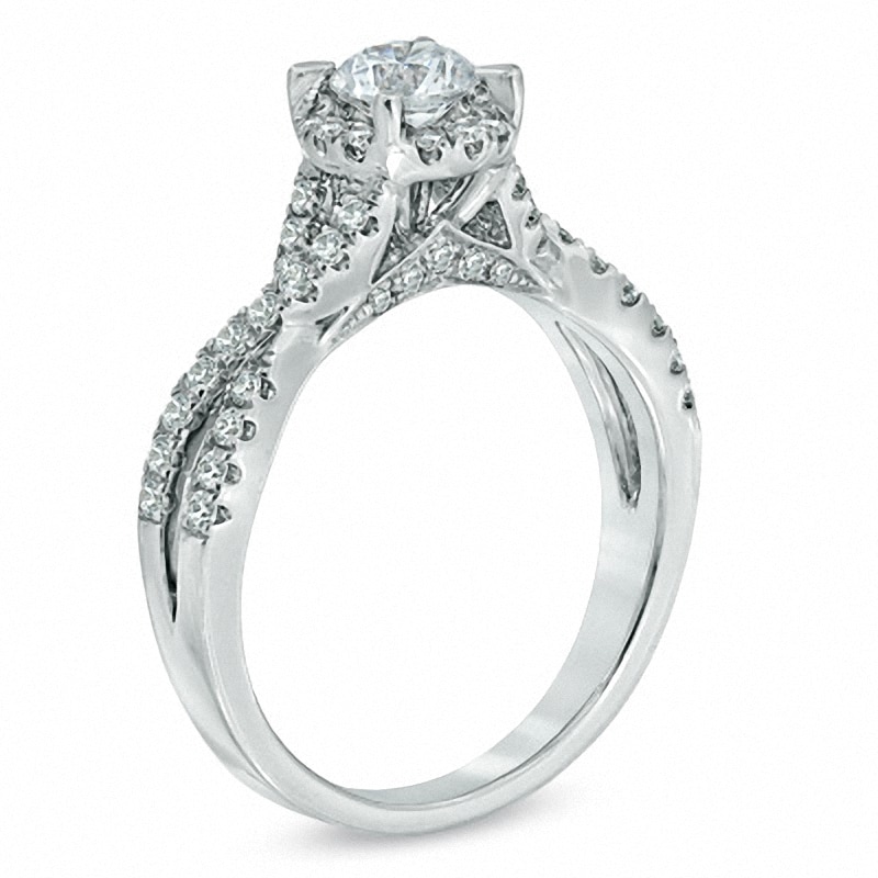 Main Image 2 of Previously Owned - Celebration Lux® 1 CT. T.W. Diamond Frame Twist Shank Engagement Ring in 14K White Gold (I/SI2)