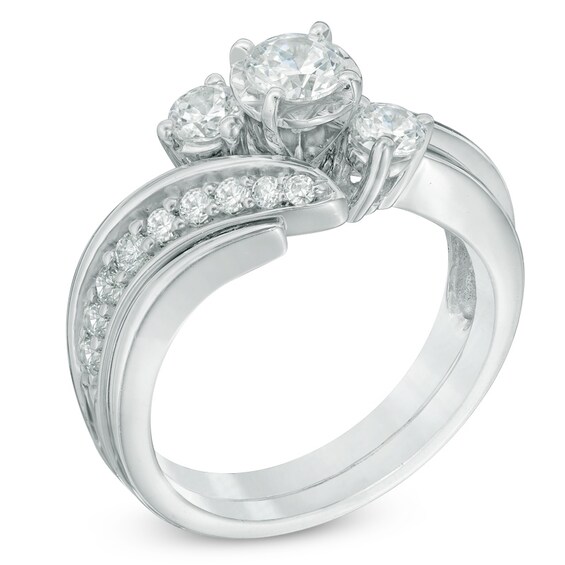 Previously Owned - 1 CT. T.w. Diamond Three Stone Slant Bridal Set in 14K White Gold