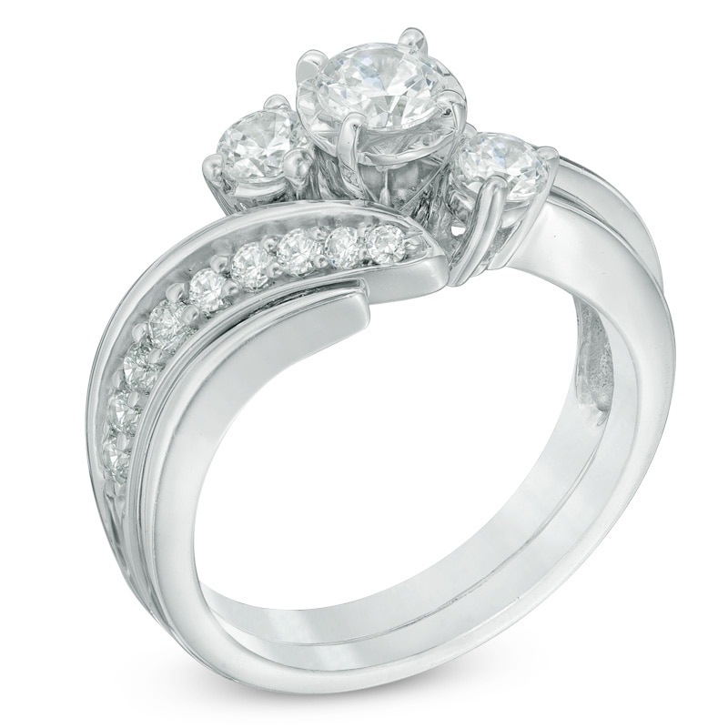 Previously Owned - 1 CT. T.W. Diamond Three Stone Slant Bridal Set in 14K White Gold