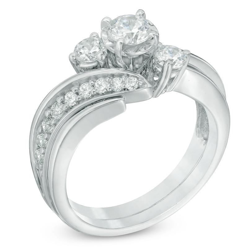 Main Image 2 of Previously Owned - 1 CT. T.W. Diamond Three Stone Slant Bridal Set in 14K White Gold
