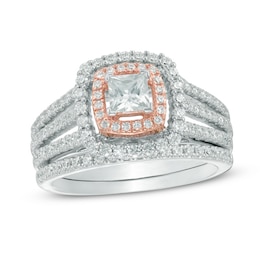 Previously Owned - 1-1/4  CT. T.W. Princess-Cut Diamond Layered Frame Split Shank Bridal Set in 14K Two-Tone Gold