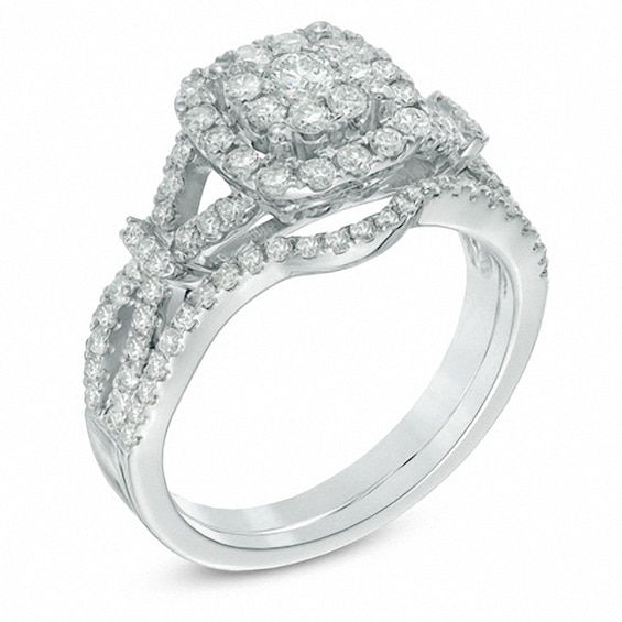 Previously Owned - 1 CT. T.w. Composite Diamond Frame Bridal Set in 14K White Gold