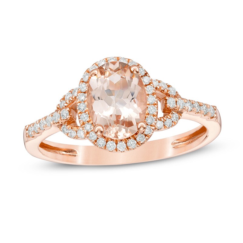 Main Image 1 of Previously Owned - Oval Morganite and 1/5 CT. T.W. Diamond Frame Buckle Ring in 14K Rose Gold