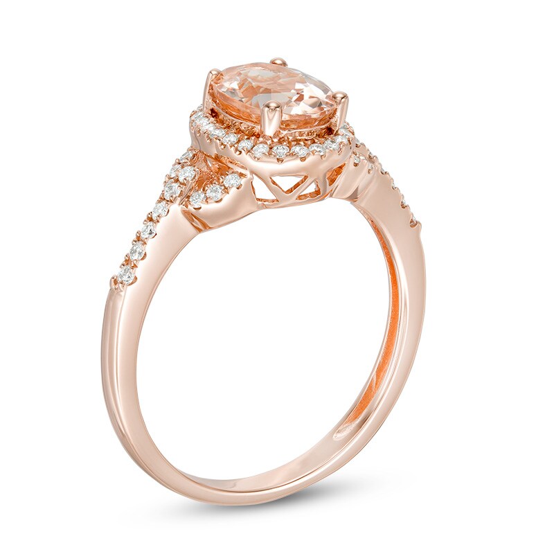 Main Image 2 of Previously Owned - Oval Morganite and 1/5 CT. T.W. Diamond Frame Buckle Ring in 14K Rose Gold