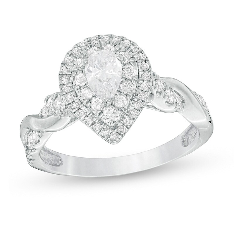 Main Image 1 of Previously Owned - 1 CT. T.W. Pear-Shaped Diamond Double Frame Twist Engagement Ring in 14K White Gold