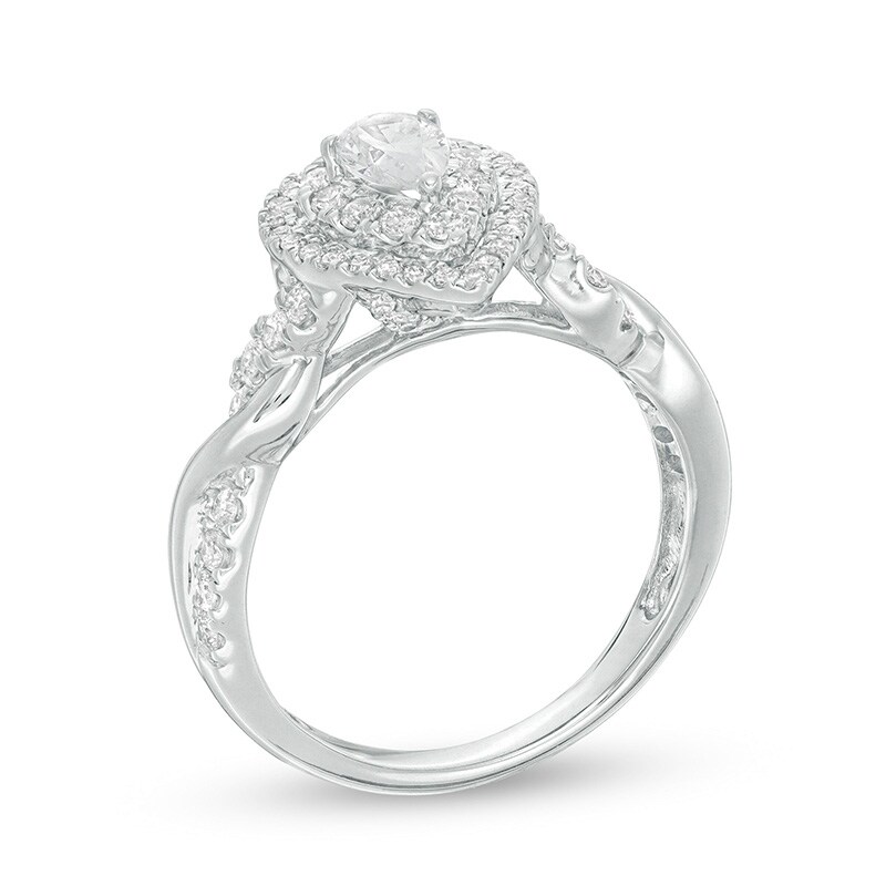 Main Image 2 of Previously Owned - 1 CT. T.W. Pear-Shaped Diamond Double Frame Twist Engagement Ring in 14K White Gold