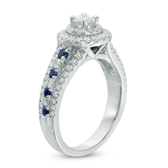 Previously Owned - Vera Wang Love Collection 7/8 CT. T.w. Diamond and Sapphire Frame Engagement Ring in 14K White Gold