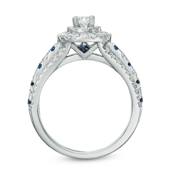 Previously Owned - Vera Wang Love Collection 7/8 CT. T.w. Diamond and Sapphire Frame Engagement Ring in 14K White Gold