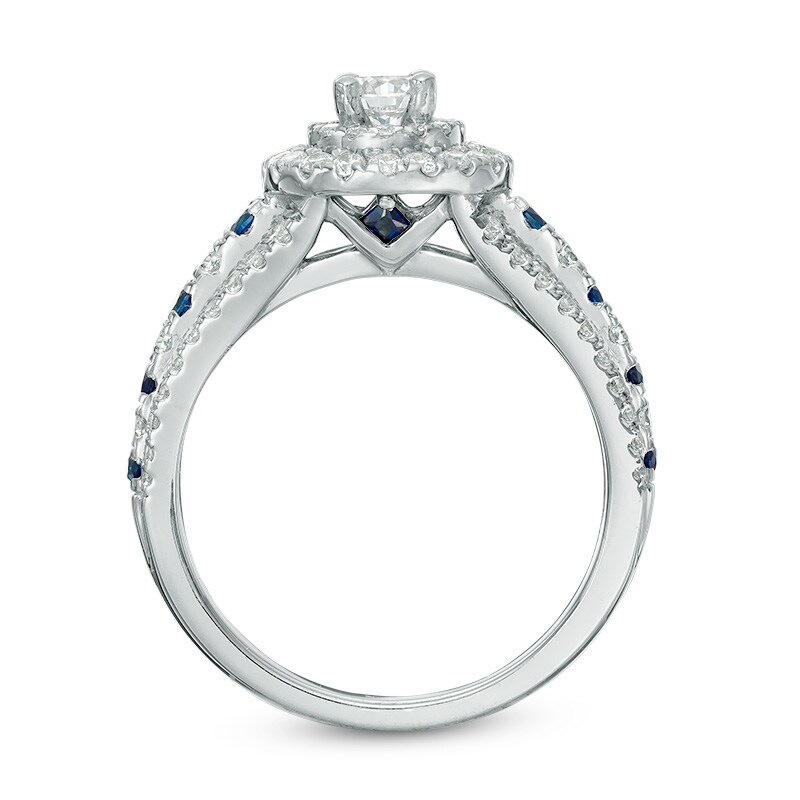 Main Image 3 of Previously Owned - Vera Wang Love Collection 7/8 CT. T.W. Diamond and Sapphire Frame Engagement Ring in 14K White Gold