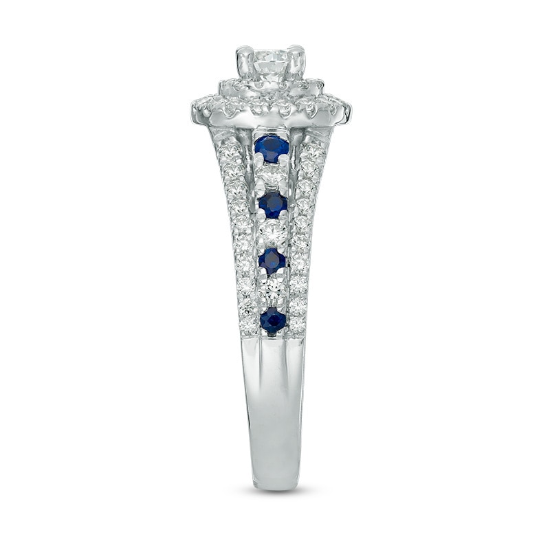 Previously Owned - Vera Wang Love Collection 7/8 CT. T.W. Diamond and Sapphire Frame Engagement Ring in 14K White Gold