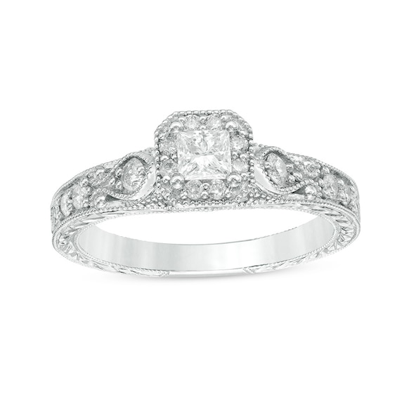 Previously Owned - 1/2 CT. T.w. Princess-Cut Diamond Frame Vintage-Style Engagement Ring in 10K White Gold