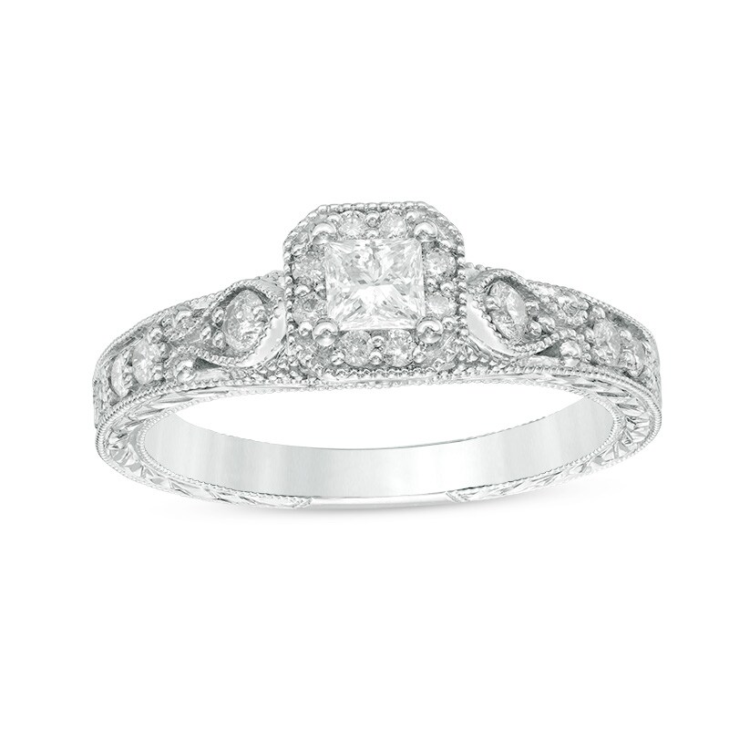 Main Image 1 of Previously Owned - 1/2 CT. T.W. Princess-Cut Diamond Frame Vintage-Style Engagement Ring in 10K White Gold