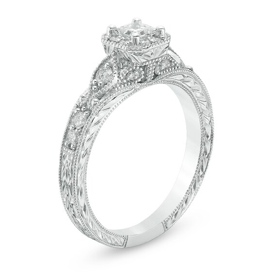 Previously Owned - 1/2 CT. T.w. Princess-Cut Diamond Frame Vintage-Style Engagement Ring in 10K White Gold